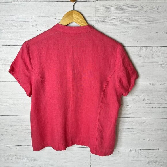 JM Collection Blouse Womens Size 12P Coral V Neck Button Down 100% Linen Spring - Picture 12 of 15